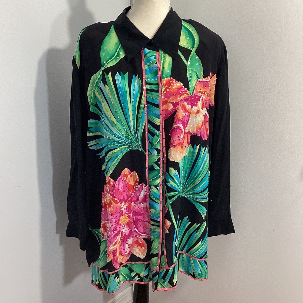 VTG DIANE GILMAN PLUS 3X 100% SILK BLACK BLOUSE FLOWERS SEQUINS  FESTIVE ARTSY